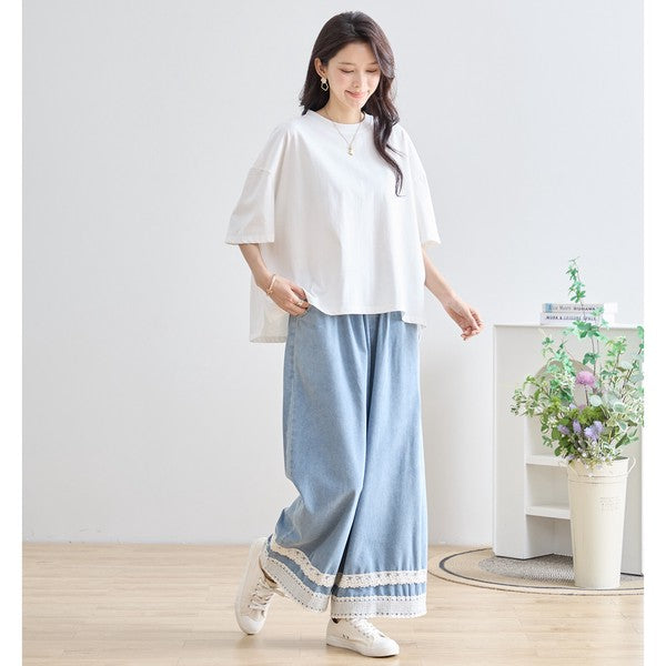 M-L】裾レースデザインデニムライクワイドパンツ 綿100% ウエストゴム