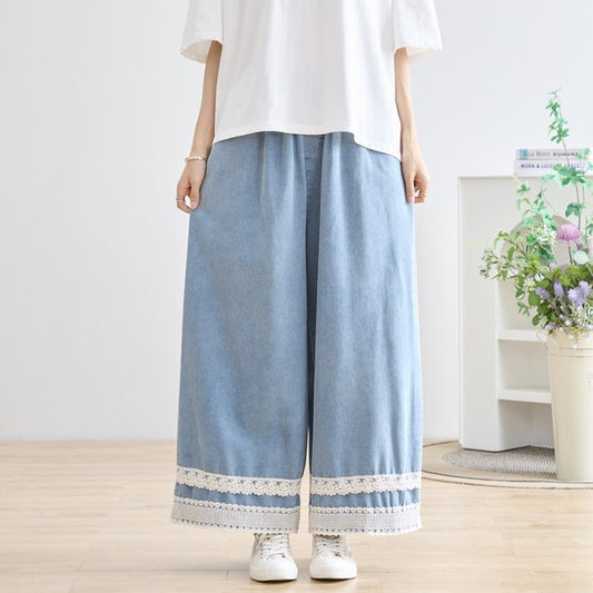 【M-L】裾レースデザインデニムライクワイドパンツ 綿100% ウエストゴム 大人可愛い TRUBE