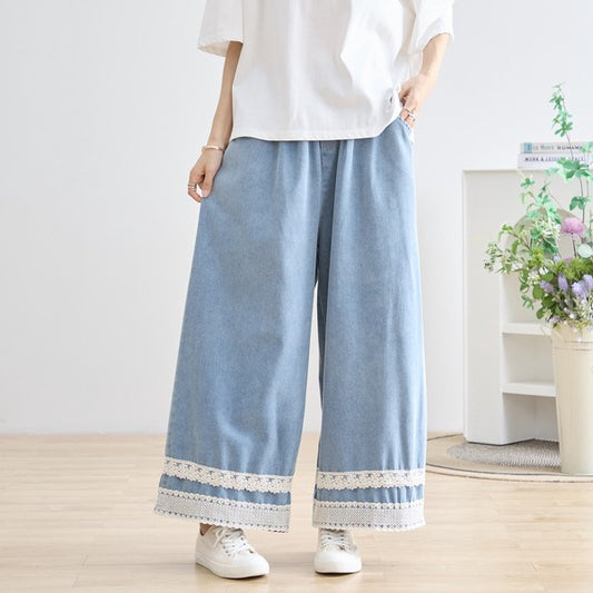 【M-L】裾レースデザインデニムライクワイドパンツ 綿100% ウエストゴム 大人可愛い TRUBE