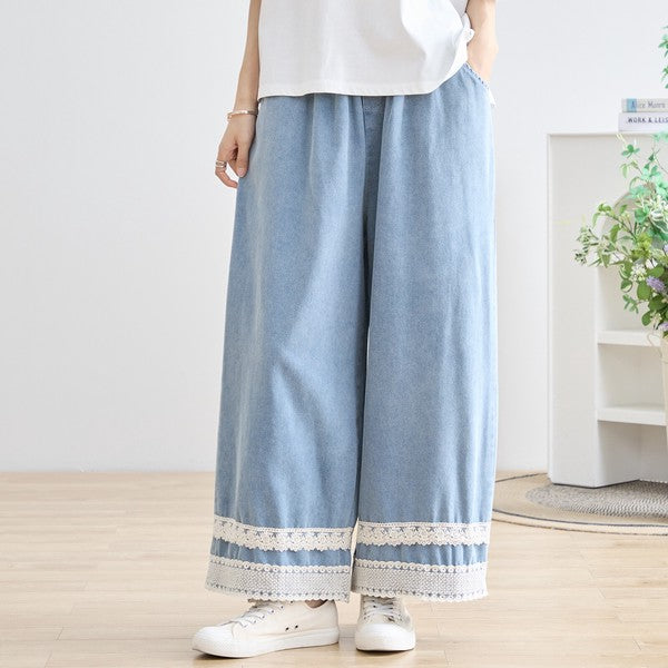 M-L】裾レースデザインデニムライクワイドパンツ 綿100% ウエストゴム