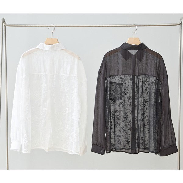 Mikonosublue Store sheer floral lace panel long sleeve blouse in white and black, featuring a relaxed fit and chest pocket.