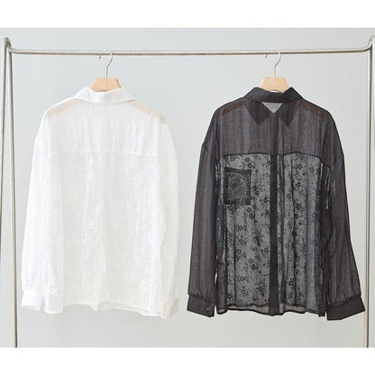 Mikonosublue Store sheer floral lace panel long sleeve blouse in white and black, featuring a relaxed fit and chest pocket.