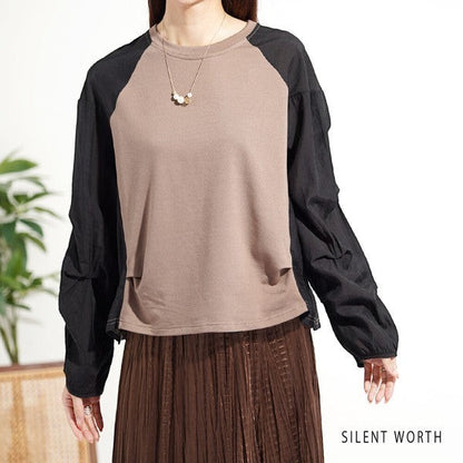 Mikonosublue Store beige and black raglan pullover with voluminous pleated sleeves and mixed material design