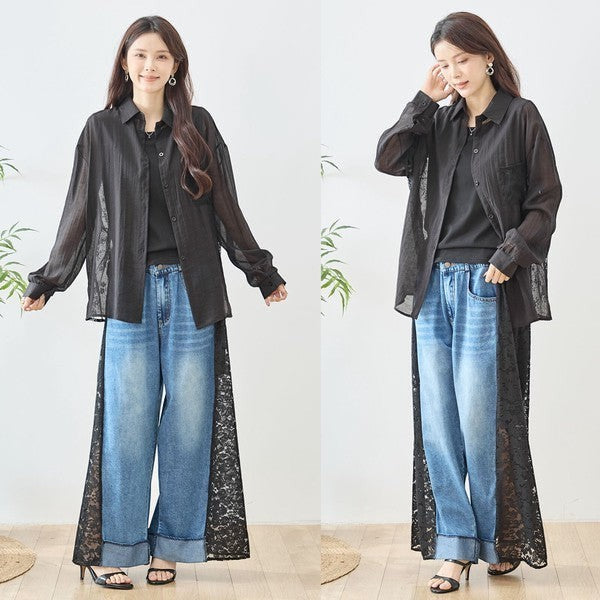 Mikonosublue Store black sheer long sleeve shirt with floral lace side panels and button front, worn by a model with jeans.