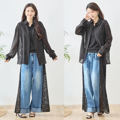 Mikonosublue Store black sheer long sleeve shirt with floral lace side panels and button front, worn by a model with jeans.