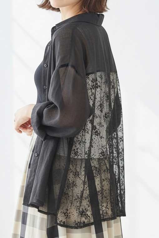 Mikonosublue Store black sheer long-sleeve blouse with floral lace paneling and button front.