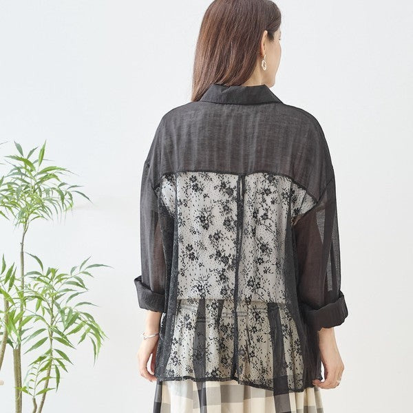Mikonosublue Store black sheer long sleeve blouse with floral lace panel on back and chest pocket.