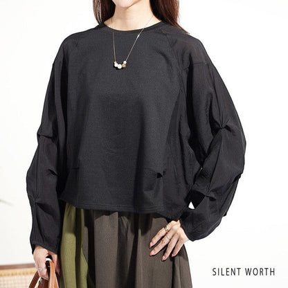 Mikonosublue Store black pullover with voluminous raglan tuck sleeves and mixed fabric design for a relaxed fit