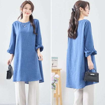 Mikonosublue Storeの青い袖リボン付きAラインチュニックワンピース。ゆったりとしたシルエットで体型カバーも叶うポリエステル素材の七分袖トップス。