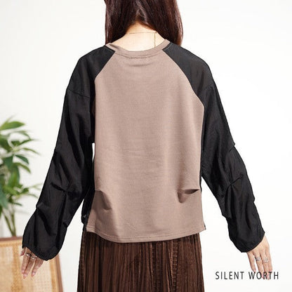 Mikonosublue Store brown and black raglan pullover with voluminous pleated sleeves and mixed fabric design