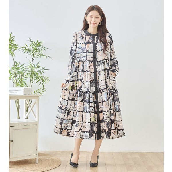 Mikonosublue Storeのレディコラージュ総柄スタンドカラーシャツワンピース。ティアードシルエットでゆったりとした着心地の秋物。