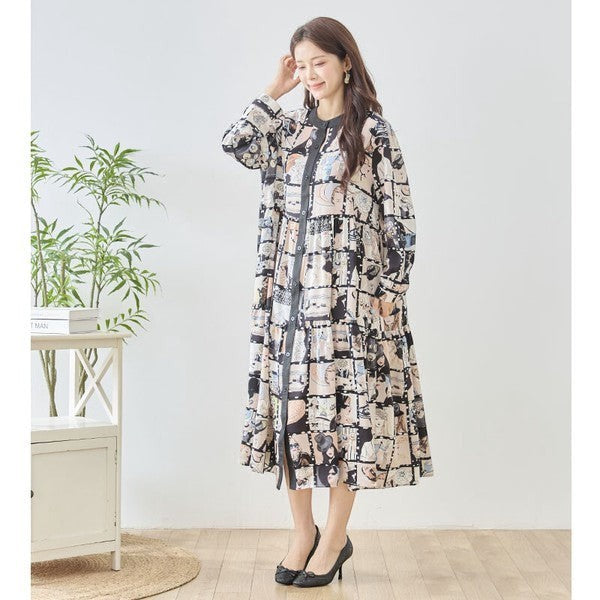 Mikonosublue Storeのレディコラージュ総柄スタンドカラーティアードシャツワンピースを着用した女性
