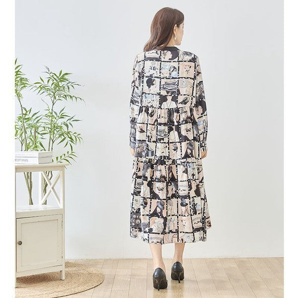 Mikonosublue Storeのレディコラージュ総柄ティアードシャツワンピース。スタンドカラーでゆったりとしたシルエットの秋物長袖ワンピース