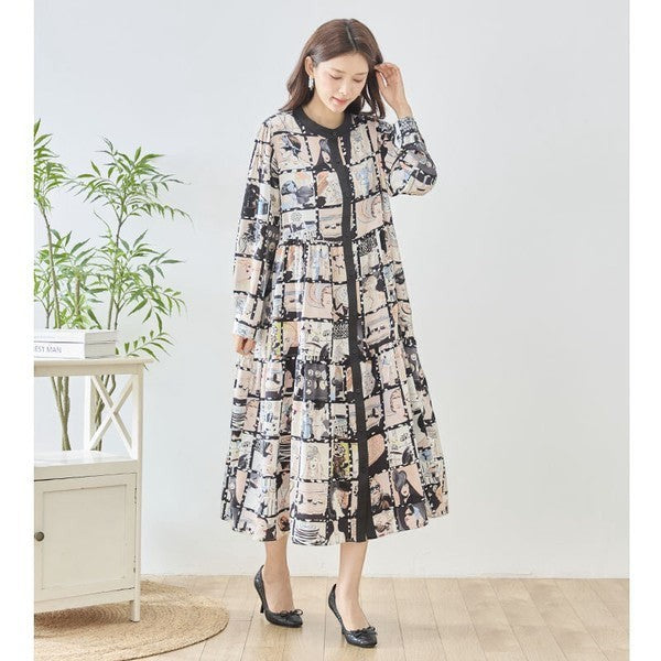 Mikonosublue Storeのレディコラージュ総柄ティアードシャツワンピース。スタンドカラーでゆったりとしたシルエットの秋物長袖ワンピース