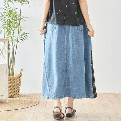 Mikonosublue Storeのデニムとチェック柄を切り替えたパッチワーク風マキシ丈スカート。フリンジ加工が施されたヴィンテージ感のあるデザイン