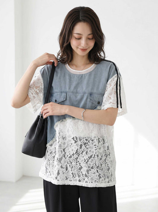 Mikonosublue Storeのデニムとフラワーレースをドッキングした半袖Tシャツ。透け感のあるシアー素材で、ゆったりとしたシルエットが特徴の夏用トップス。