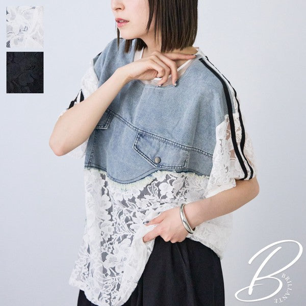 Mikonosublue Storeのデニムとフラワーレースをドッキングした半袖トップス。涼しげなシアー素材とスポーティなラインが特徴のゆったりとしたオーバーサイズTシャツ