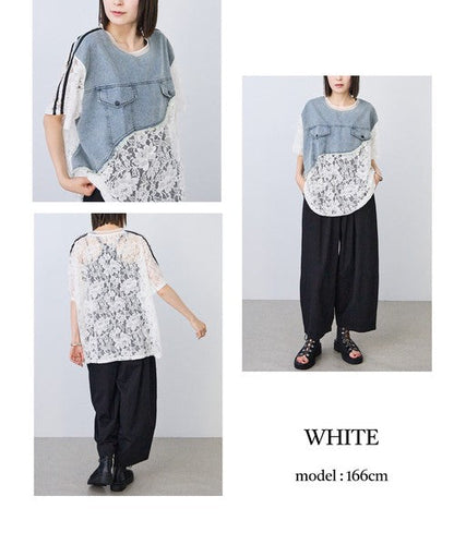 Mikonosublue Storeのデニムとフラワーレースをドッキングした半袖Tシャツ。ゆったりとしたオーバーサイズで、バックは透け感のあるシアー素材を使用し、スポーティなラインテープがアクセントになっています。