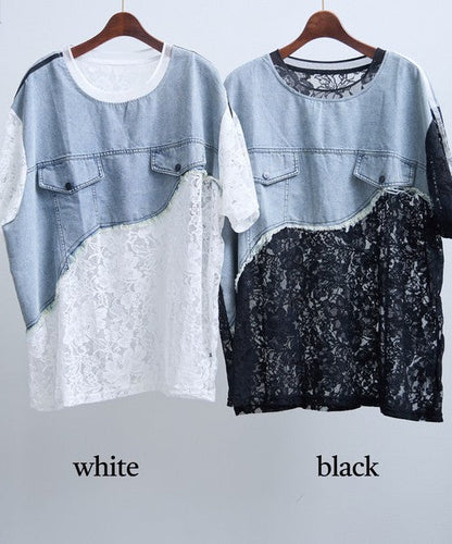 Mikonosublue Storeのデニムとレースをドッキングした半袖Tシャツ。ホワイトとブラックの2色展開で、ゆったりとしたシルエットが特徴。
