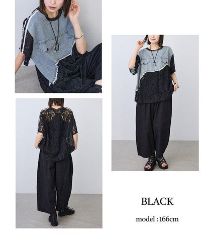 Mikonosublue Storeのデニムと黒レースをドッキングした半袖Tシャツ。ゆったりとしたシルエットで涼しげなシアー素材を使用し、スポーティなラインがアクセント。