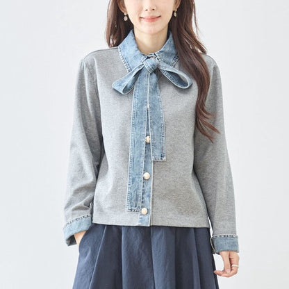 Mikonosublue Storeのデニム切替ボウタイリボン付きグレー長袖カーディガン