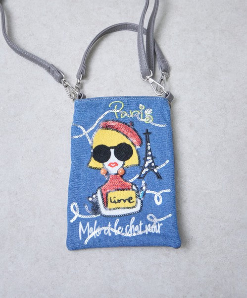 Mikonosublue Storeのパリジェンヌ刺繍とスパンコールが輝くデニムブルーの2WAYスマホショルダーバッグ