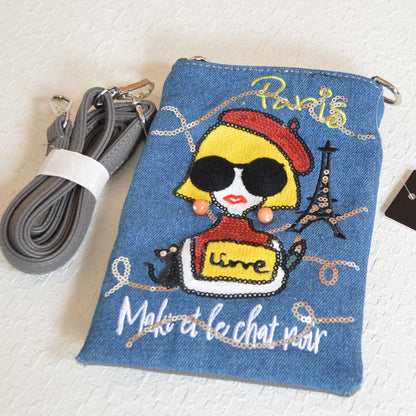 Mikonosublue Storeのパリジェンヌ刺繍とスパンコールが輝くデニムブルーの2WAYスマホショルダーバッグ