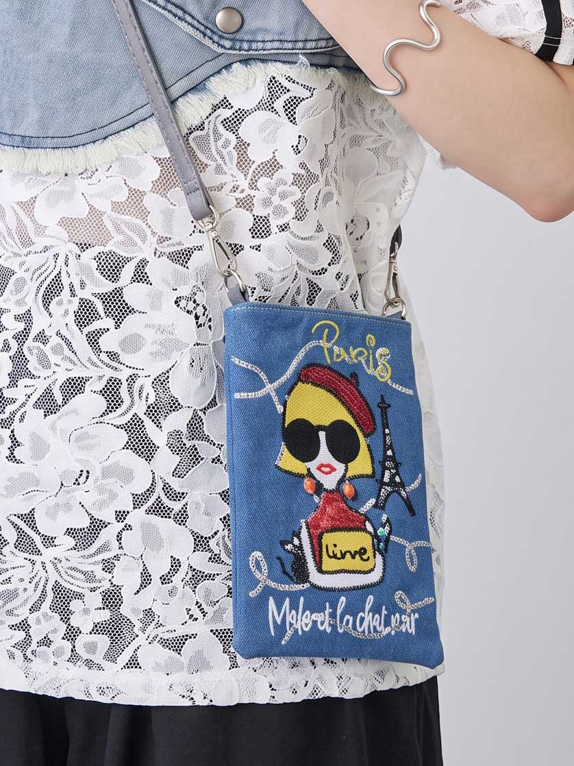 Mikonosublue Storeのパリをテーマにしたスパンコール刺繍が施されたデニムブルーの2WAYスマホショルダーバッグ