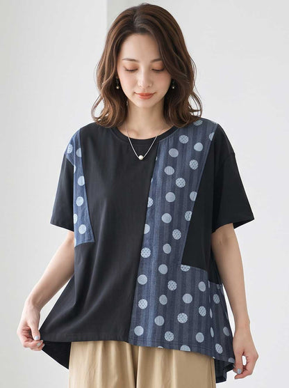 Mikonosublue Storeのドット柄と無地を組み合わせたアシンメトリーな異素材切り替え半袖トップス