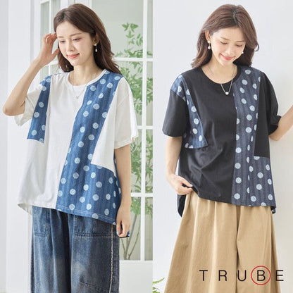 Mikonosublue Storeのドット柄と無地の異素材切り替え半袖トップス。ゆったりとしたAラインシルエットで体型カバーも叶うコットン混の夏用カットソー。