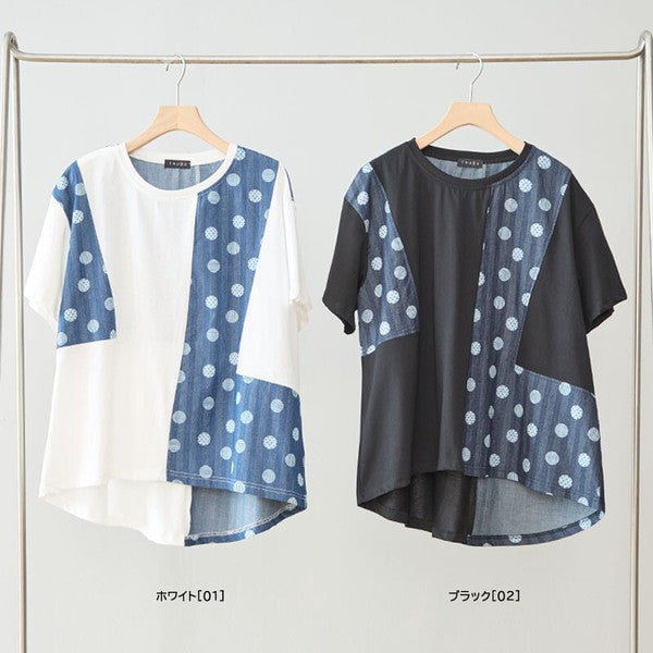 Mikonosublue Storeの異素材切り替え半袖トップス。ホワイトとブラックの無地とドット柄を組み合わせたゆったりとしたAラインシルエット。