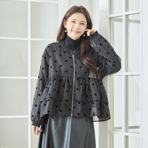Mikonosublue Storeのドットフロッキー柄シアー素材ティアードフリルジップアップブルゾン
