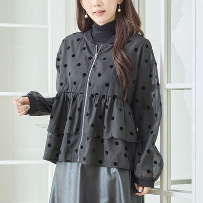 Mikonosublue Storeのドットフロッキー柄シアー素材ティアードフリルジップアップブルゾン