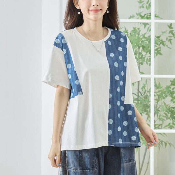 Mikonosublue Storeのドット柄と無地を組み合わせた異素材切り替えのゆったりとした半袖トップス