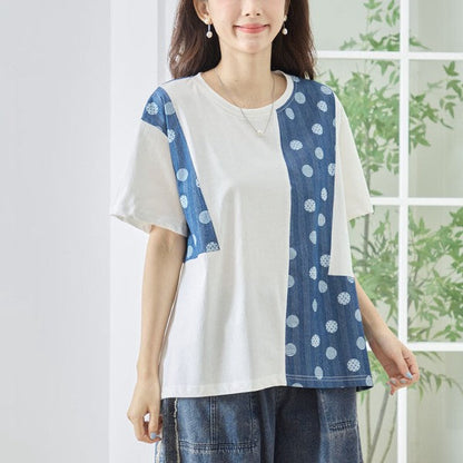 Mikonosublue Storeのドット柄と無地を組み合わせた異素材切り替えのゆったりとした半袖トップス