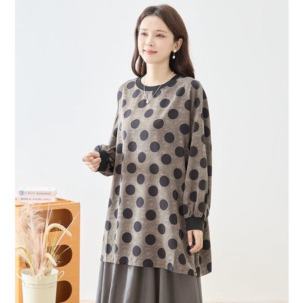 Mikonosublue Storeのドット柄チュニックプルオーバー。ボリューム袖とリブ切り替えが特徴のゆったりとした秋冬用長袖トップス