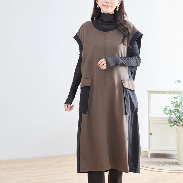 Mikonosublue Storeの異素材切り替えノースリーブロングワンピース。ブラウンとブラックの配色でAラインのゆったりとしたシルエット。
