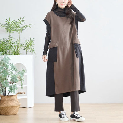 Mikonosublue Storeの異素材切り替えノースリーブワンピース。ブラウンとブラックの配色で、ゆったりとしたAラインシルエットが特徴。
