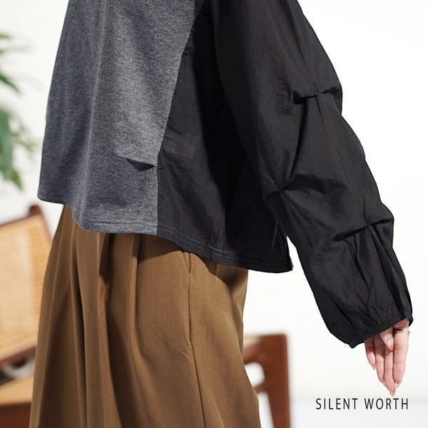 Mikonosublue Store grey and black mixed-material pullover with voluminous pleated raglan sleeves