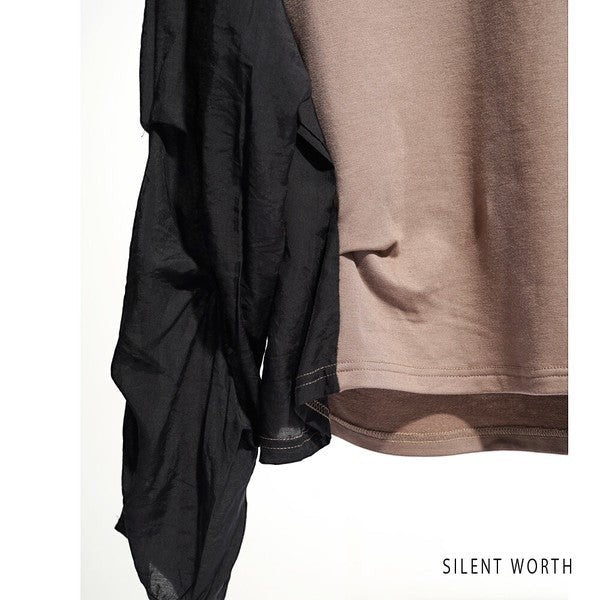 Mikonosublue Store pullover featuring a taupe jersey body and contrasting black voluminous pleated fabric sleeves.