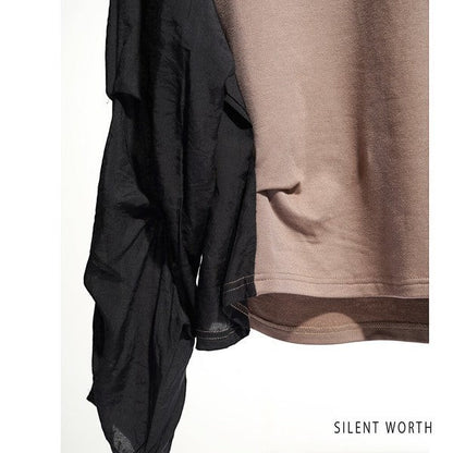 Mikonosublue Store pullover featuring a taupe jersey body and contrasting black voluminous pleated fabric sleeves.
