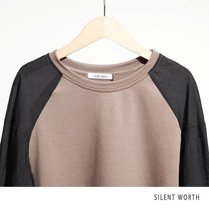 Mikonosublue Store taupe and black raglan sleeve pullover with mixed material contrast and crew neckline