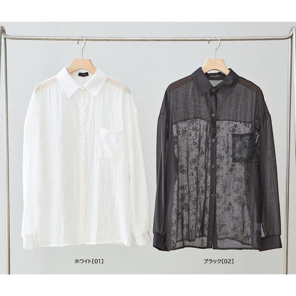 Mikonosublue Store white and black sheer long-sleeve blouses with floral lace panel details and button-up fronts.