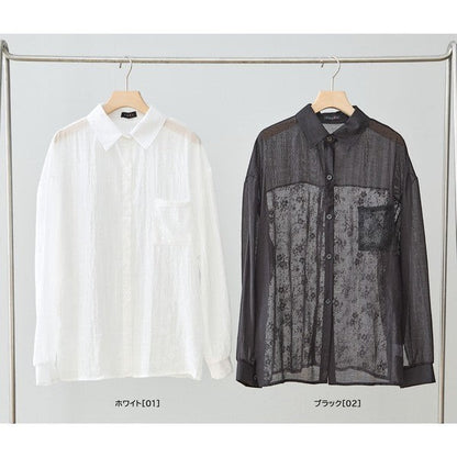 Mikonosublue Store white and black sheer long-sleeve blouses with floral lace panel details and button-up fronts.