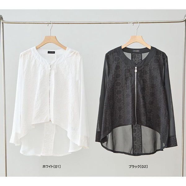 Mikonosublue Storeのホワイトとブラックのシアーレースジャケット。カットワークレースと透け感素材の異素材切替、パールボタン付きジップアップ、バックロング丈のデザイン。