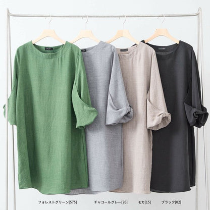 Mikonosublue Storeの袖リボン付きAラインチュニックワンピース。グリーン、グレー、モカ、ブラックの4色展開で、ゆったりとした体型カバーデザイン。
