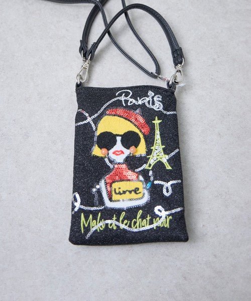 Mikonosublue Storeのサングラスをかけた女の子とエッフェル塔がスパンコール刺繍された黒の2WAYスマホショルダーバッグ
