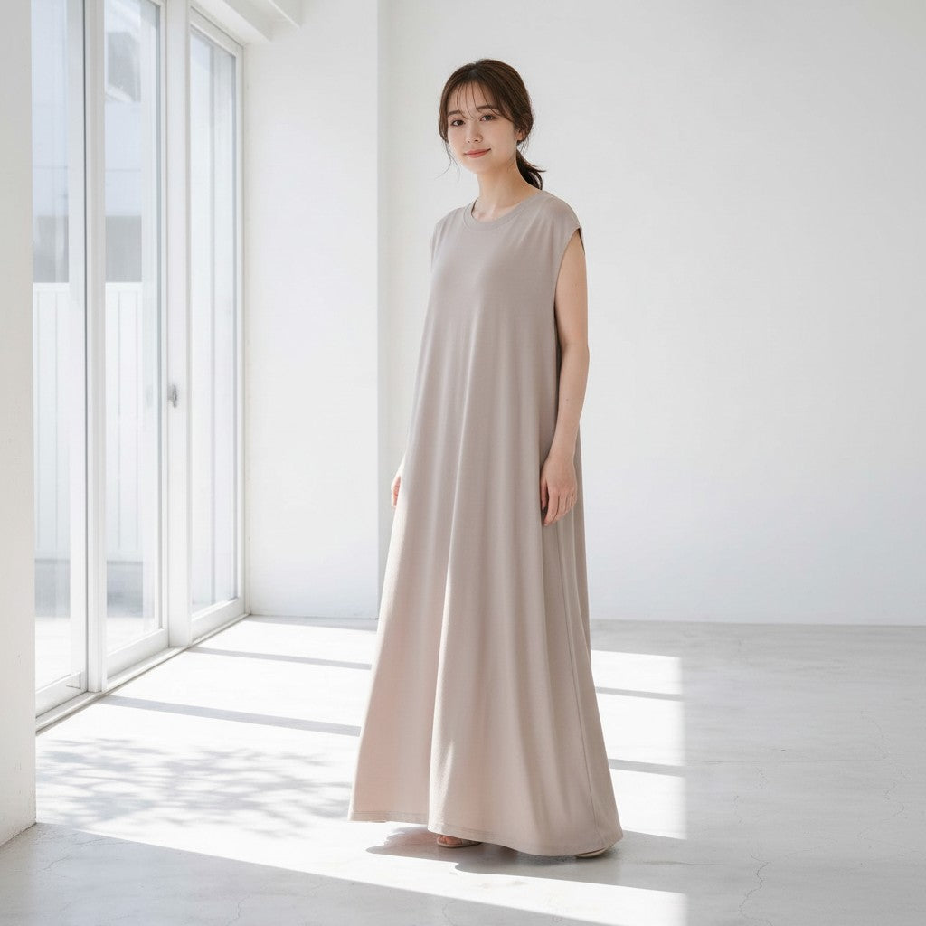 Mikonosublue Store taupe 100% cotton sleeveless maxi flare dress with shoulder coverage.