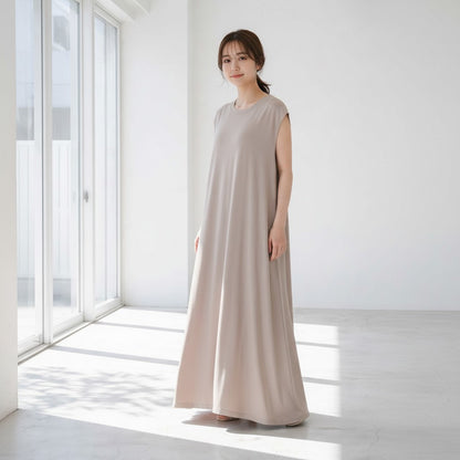 Mikonosublue Store taupe 100% cotton sleeveless maxi flare dress with shoulder coverage.
