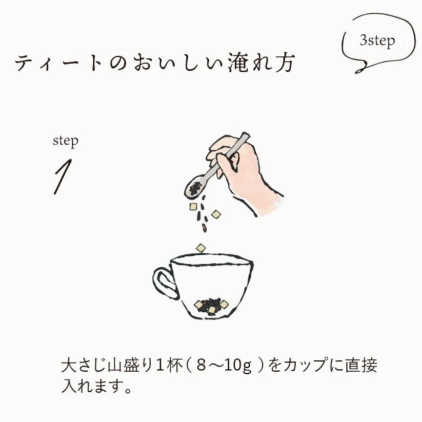 Mikonosublue StoreのTEAtriCOフルーツティーをカップにスプーンで入れる手順を示す手書き風イラスト